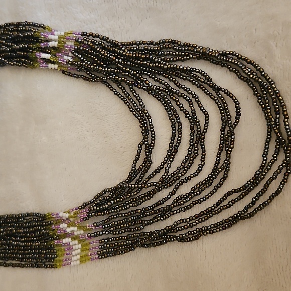 Vtg HANDMADE Multicolor Oil Spill Bead Woven Multi-strand Long Necklace - Picture 4 of 7